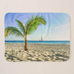 Tropical Beaches Sailboat, Palm Tree, Aruba Sherpa Blanket