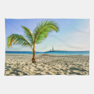 Tropical Beaches   Sailboat, Palm Tree, Aruba Tea Towel