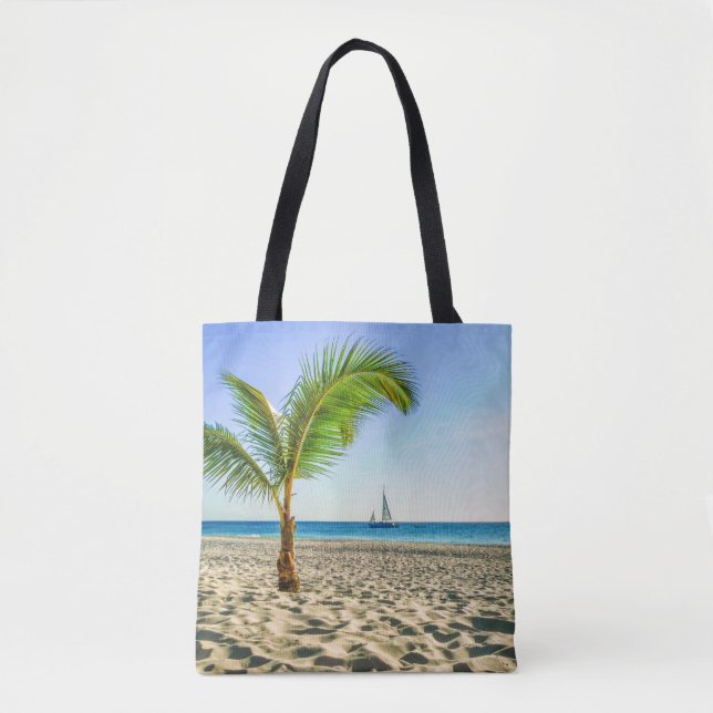 Tropical Beaches | Sailboat, Palm Tree, Aruba Tote Bag (Front)