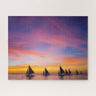 Tropical Beaches Sunset Sailboats, Phillipines Jigsaw Puzzle