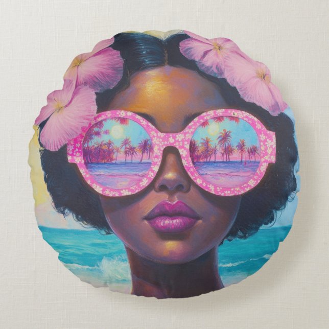 Tropical Beauty in Pink Shades Round Cushion (Front)