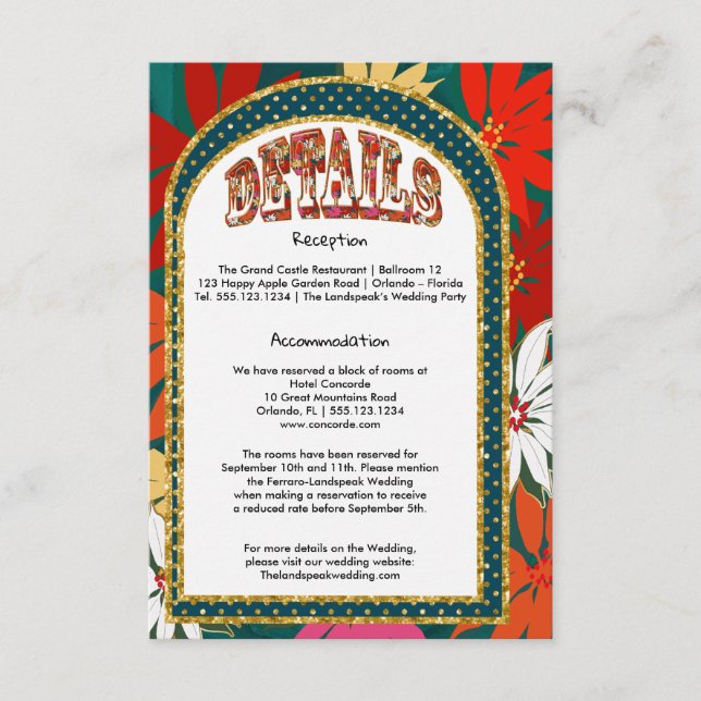 Tropical Big Flowers & Arch Wedding Details Enclosure Card (Front)