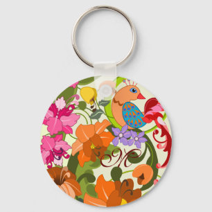 Tropical bird & Damask flowers Monogram Keychain