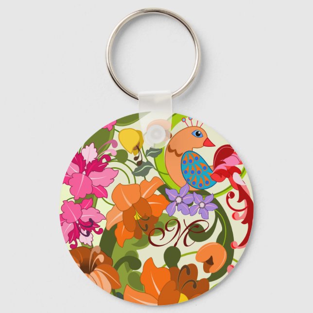 Tropical bird & Damask flowers Monogram Keychain (Front)