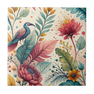 Tropical Bird & Floral Watercolor Painting Pattern Tile
