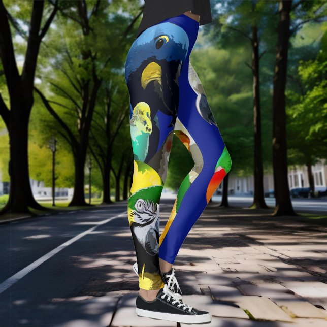 Tropical Bird Lovers' Colourful Pet Parrots on Blu Leggings (Parrot lovers leggings with assorted colorful pet bird species on vibrant blue background)