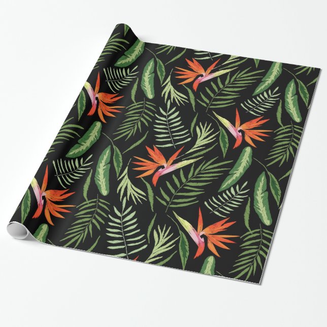 Tropical Bird of Paradise and Ferns on Black Wrapping Paper (Unrolled)