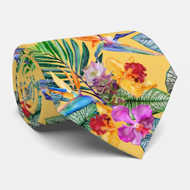 Tropical Bird Of Paradise And Orchid Summer Garden Tie (Rolled)