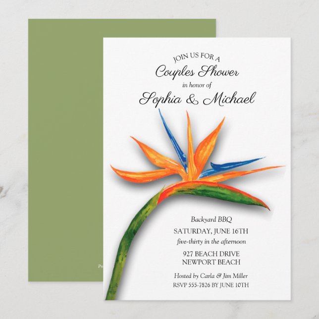 Tropical Bird of Paradise Couples Shower Invites (Front/Back)