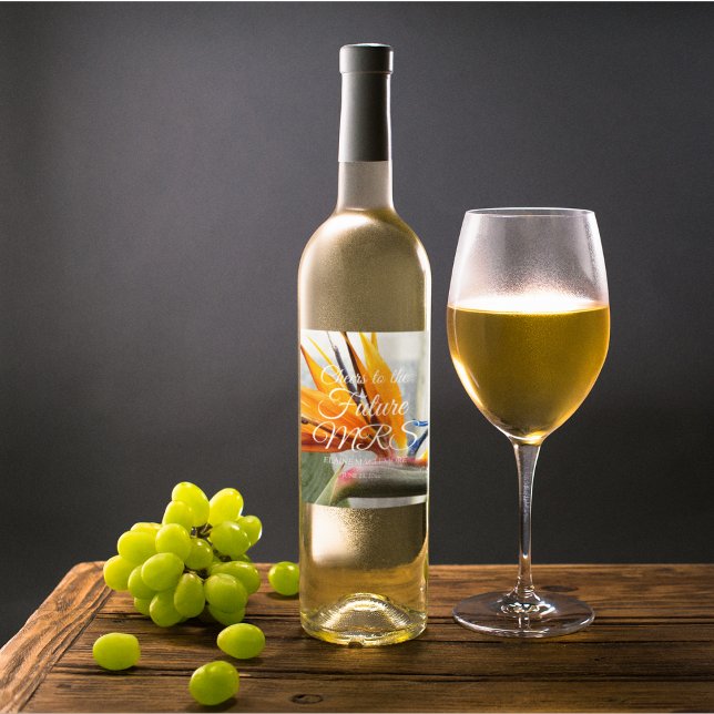 Tropical Bird of Paradise Floral Bridal Shower Wine Label (In Situ)