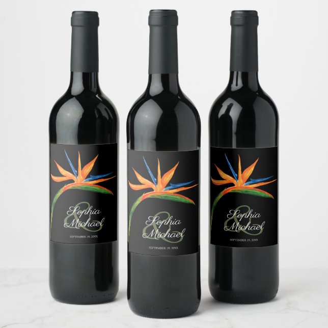 Tropical Bird of Paradise on Black Wine Label (Bottles)