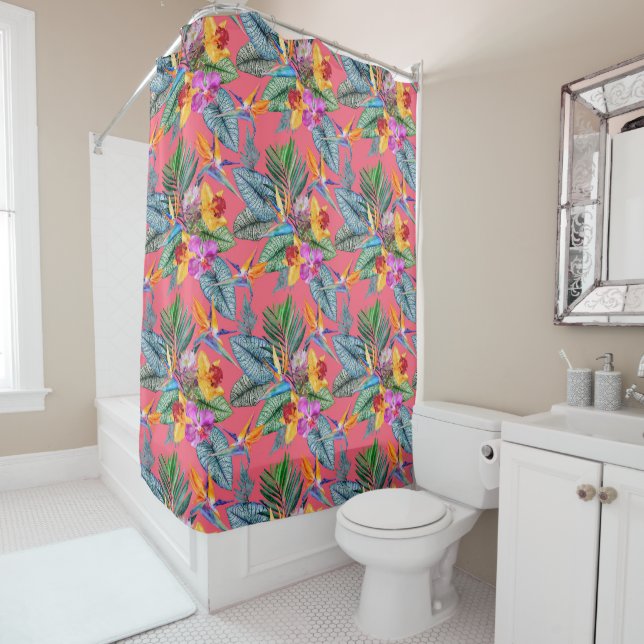 Tropical Bird Of Paradise & Orchid Spring Garden  Shower Curtain (In Situ)