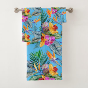 Tropical Bird Of Paradise & Orchid Summer Garden Bath Towel Set