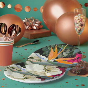 Tropical Bird of Paradise Plant and Poinsettias Paper Plate