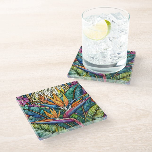 Tropical Bird of Paradise Stained glass art Coaster (Angled)