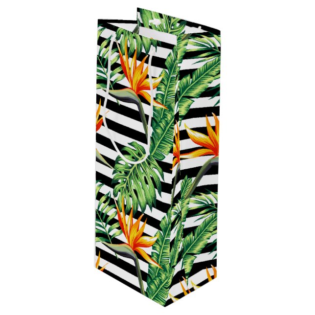 Tropical Bird of Paradise Stripes Wine Gift Bag (Front Angled)
