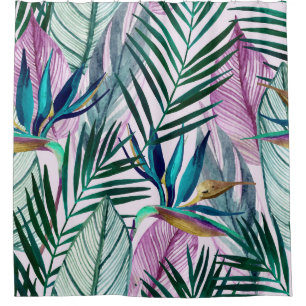 Tropical bird-of-paradise, watercolor pattern shower curtain