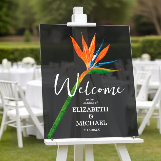 Tropical Bird of Paradise Wedding Welcome Smoky Acrylic Sign (Tropical bird of paradise wedding welcome smoky black transparent acrylic sign)