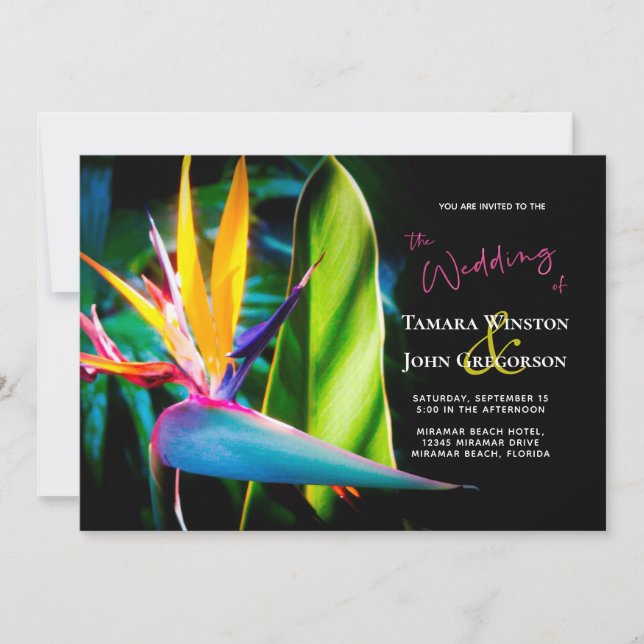 Tropical Bird Paradise Dark Floral Beach Wedding Invitation (Front)