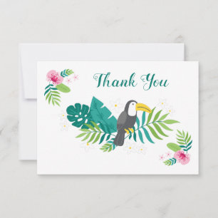 Tropical bird toucan, exotic flowers and leaves thank you card