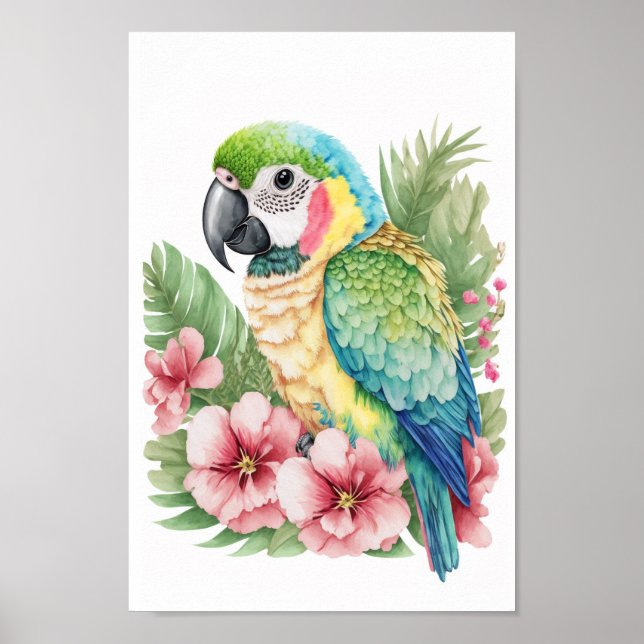 Tropical bird wall art macaw with flowers print  (Front)