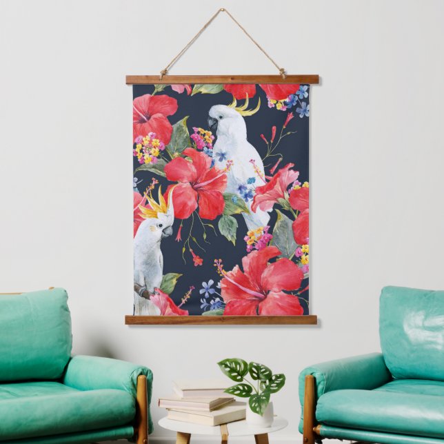 Tropical Bird Watercolor Red Hibiscus Flower  Hanging Tapestry (Living Room)