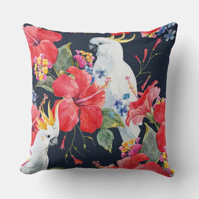 Tropical Bird Watercolor Red Hibiscus Flowers Cushion (Front)
