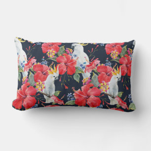 Tropical Bird Watercolor Red Hibiscus Flowers Lumbar Cushion