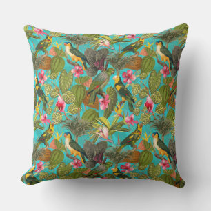 Tropical birds and flowers in Jungle pattern -teal Cushion