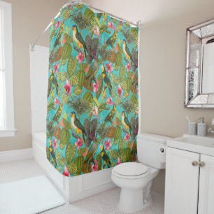 Tropical birds and flowers in Jungle pattern -teal Shower Curtain