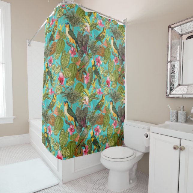 Tropical birds and flowers in Jungle pattern -teal Shower Curtain (In Situ)
