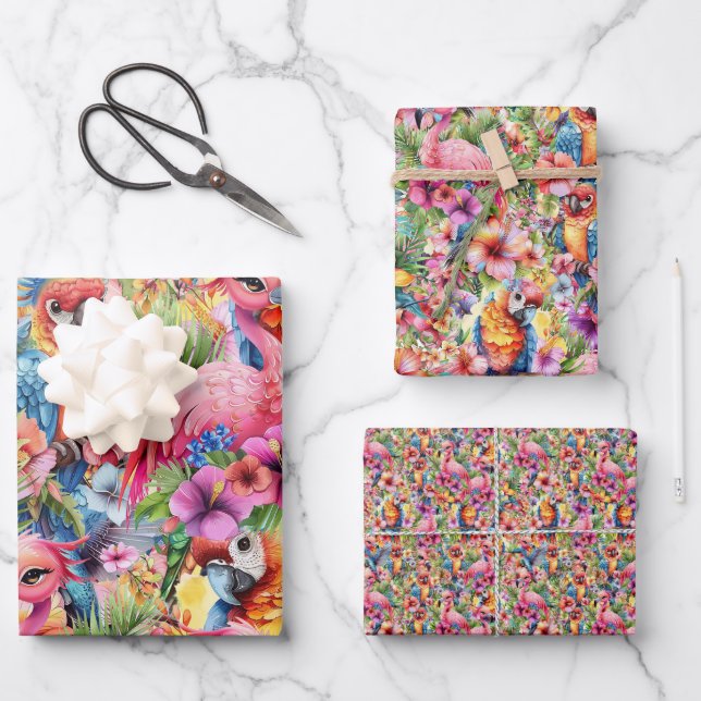 Tropical Birds and Flowers Wrapping Paper Sheet (Front)