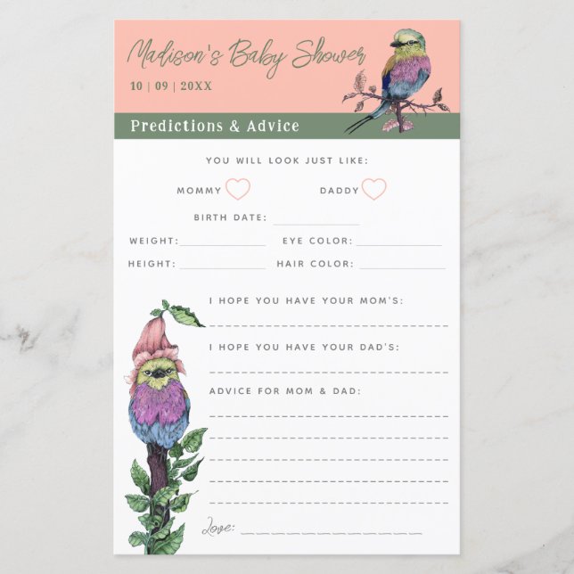 Tropical Birds Baby Shower Advice and Predictions (Front)