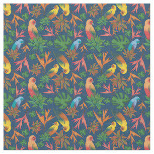 Tropical Birds Blue Floral Pattern Fabric