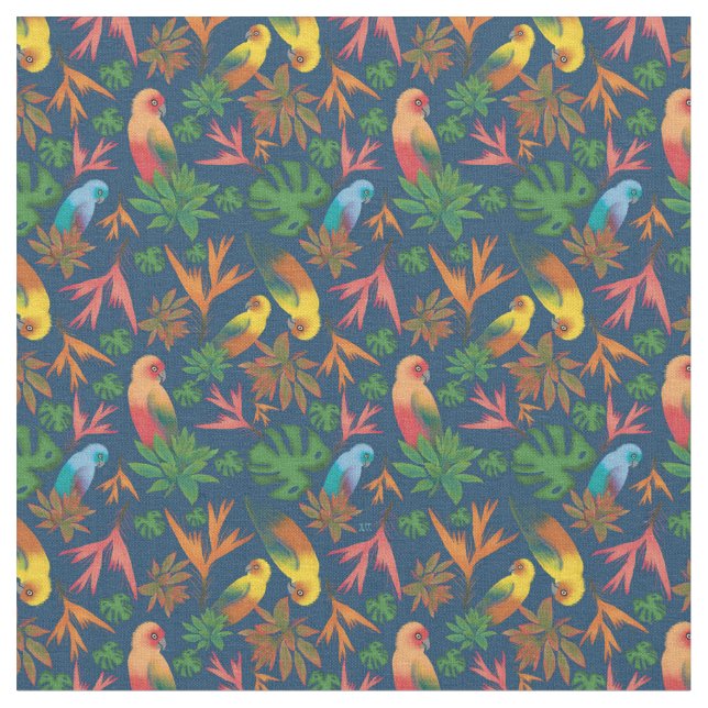 Tropical Birds Blue Floral Pattern Fabric (Close Up)