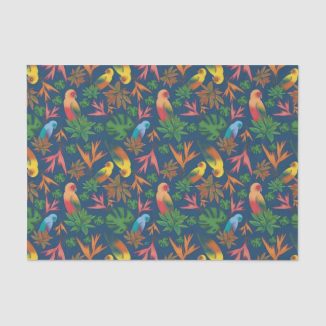 Tropical Birds Blue Floral Pattern Tissue Paper (Front)