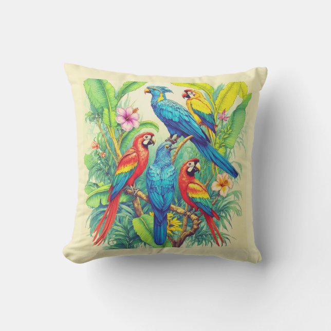 Tropical Birds Botanical Illustration Cushion (Front)