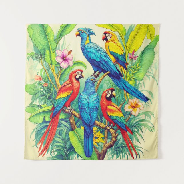 Tropical Birds Botanical Illustration Tapestry (Front)