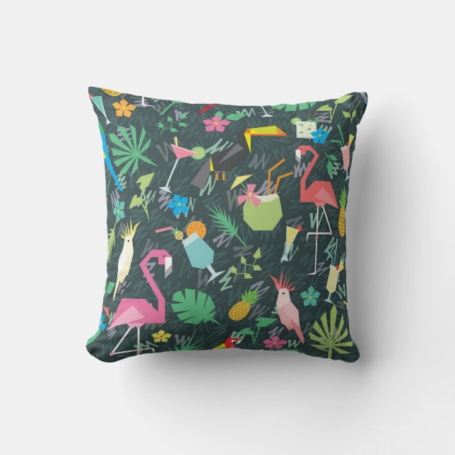 Tropical Birds Drinks: Vibrant Seamless. Cushion (Front)