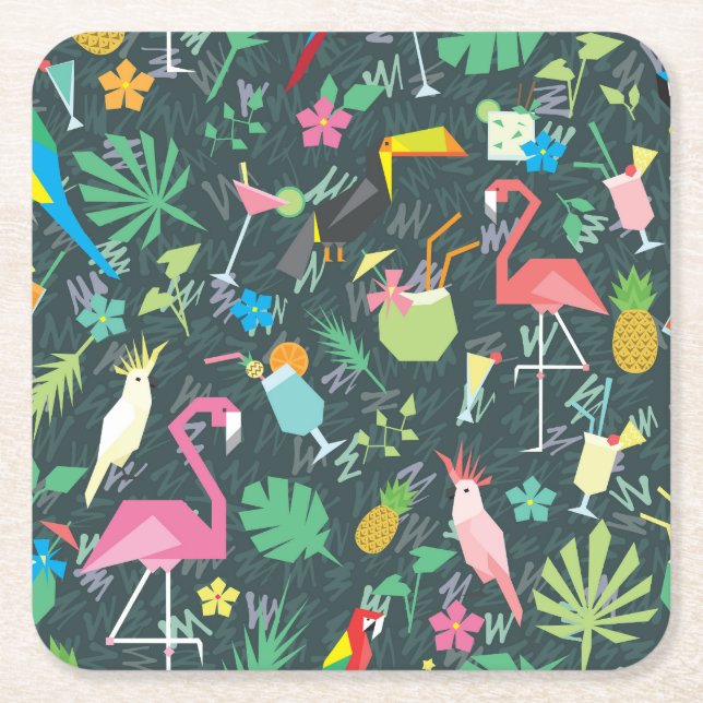 Tropical Birds Drinks: Vibrant Seamless. Square Paper Coaster (Front)