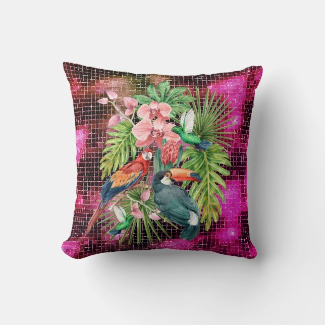 Tropical birds exotic flowers double-sided glam cushion (Front)