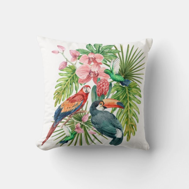 Tropical birds exotic flowers green white cushion (Front)