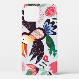Tropical birds, floral doodle pattern. iPhone 12 case