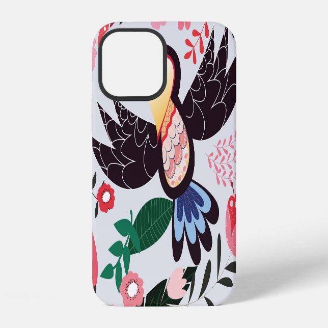 Tropical birds, floral doodle pattern. iPhone case (Back)