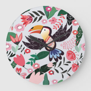 Tropical birds, floral doodle pattern. large clock