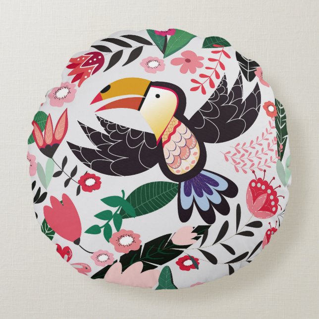 Tropical birds, floral doodle pattern. round cushion (Front)