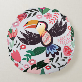 Tropical birds, floral doodle pattern. round cushion