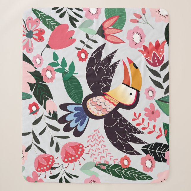 Tropical birds, floral doodle pattern. sherpa blanket (Front)