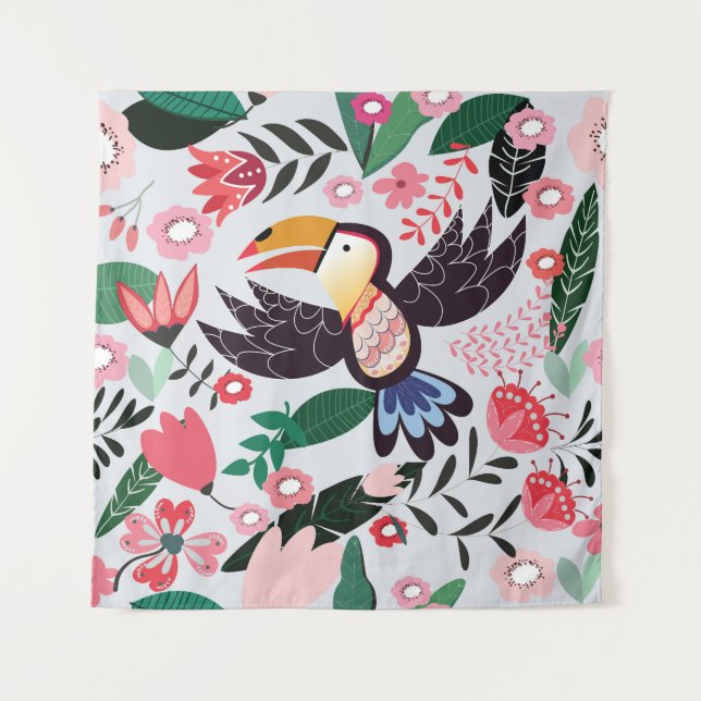 Tropical birds, floral doodle pattern. tapestry (Front)