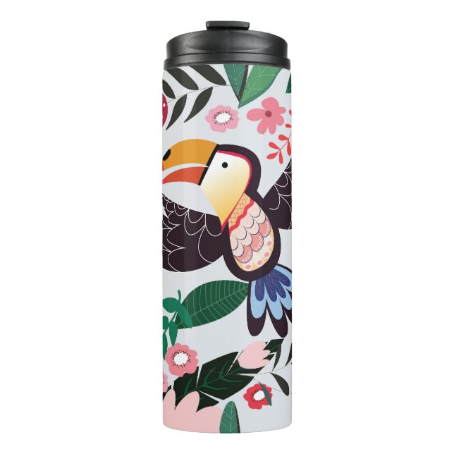 Tropical birds, floral doodle pattern. thermal tumbler (Front)